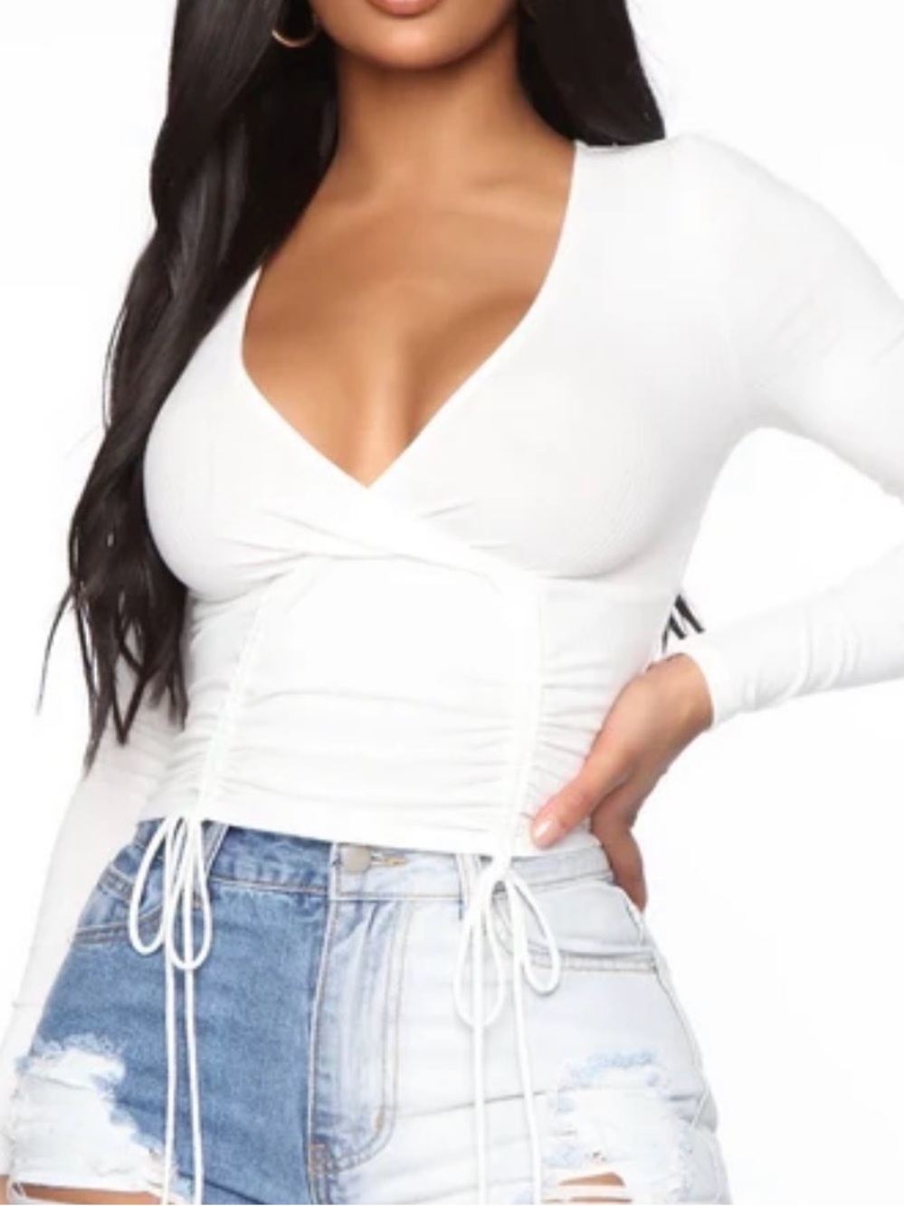 Fashion Nova “Ruched & Stunning” White Ribbed Drawstring Wrap Top